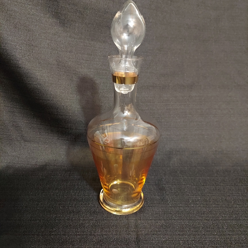 Vintage Etched Glass Decanter Delicate Bottle Stopper Gold Accent 2 Tone MCM